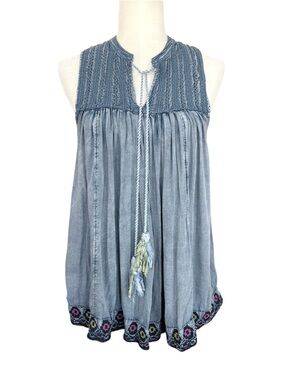 Rachel Zoe Boho Embroidered Sleeveless Blouse Tunic Top - Denim Blue Size S